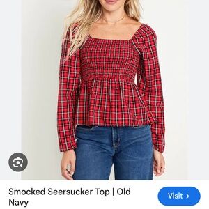 Old Navy Red Tartan Smocked Blouse